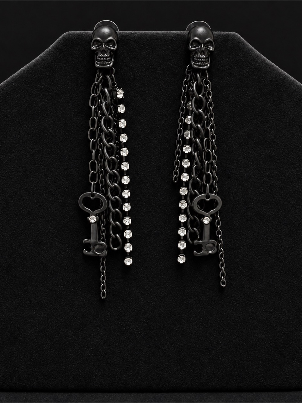 Black Metal Skull Key Chain Dangle Earrings